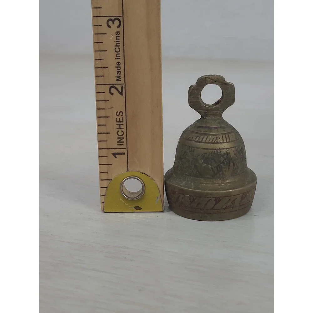 Vintage Etched Brass Bell Small Handcrafted Gold Red Accents 2 Inch‎ Decor
